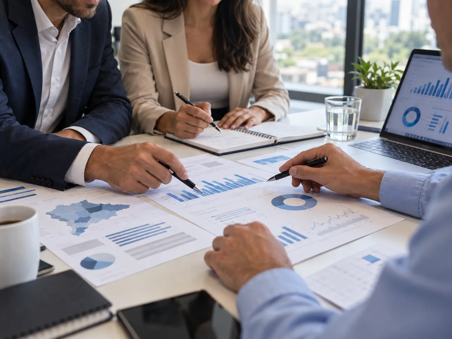 Profissionais analisam relatórios e indicadores para planejar ações comerciais